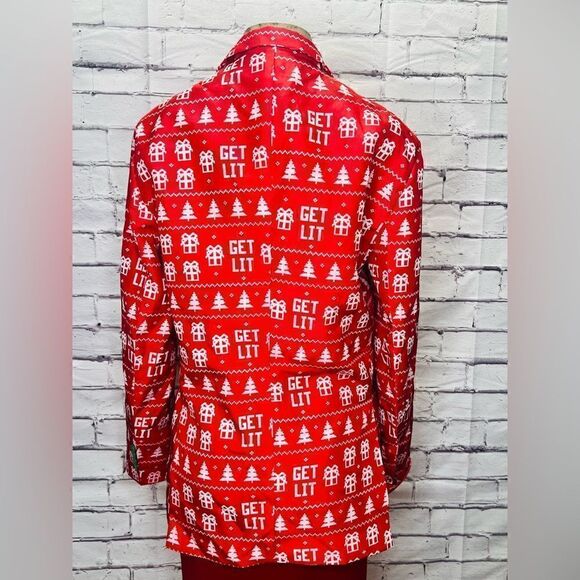 Dec. 25th Men's Medium Red & White Get Lit Christmas Long Sleeve Blazer Jacket - Picture 2 of 5